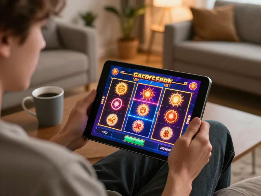 Engaging in exciting gacor slot games on a tablet in a cozy home setup.