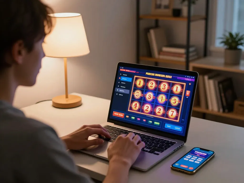 Engaged player enjoying slots on luckyindex from a home gaming setup.