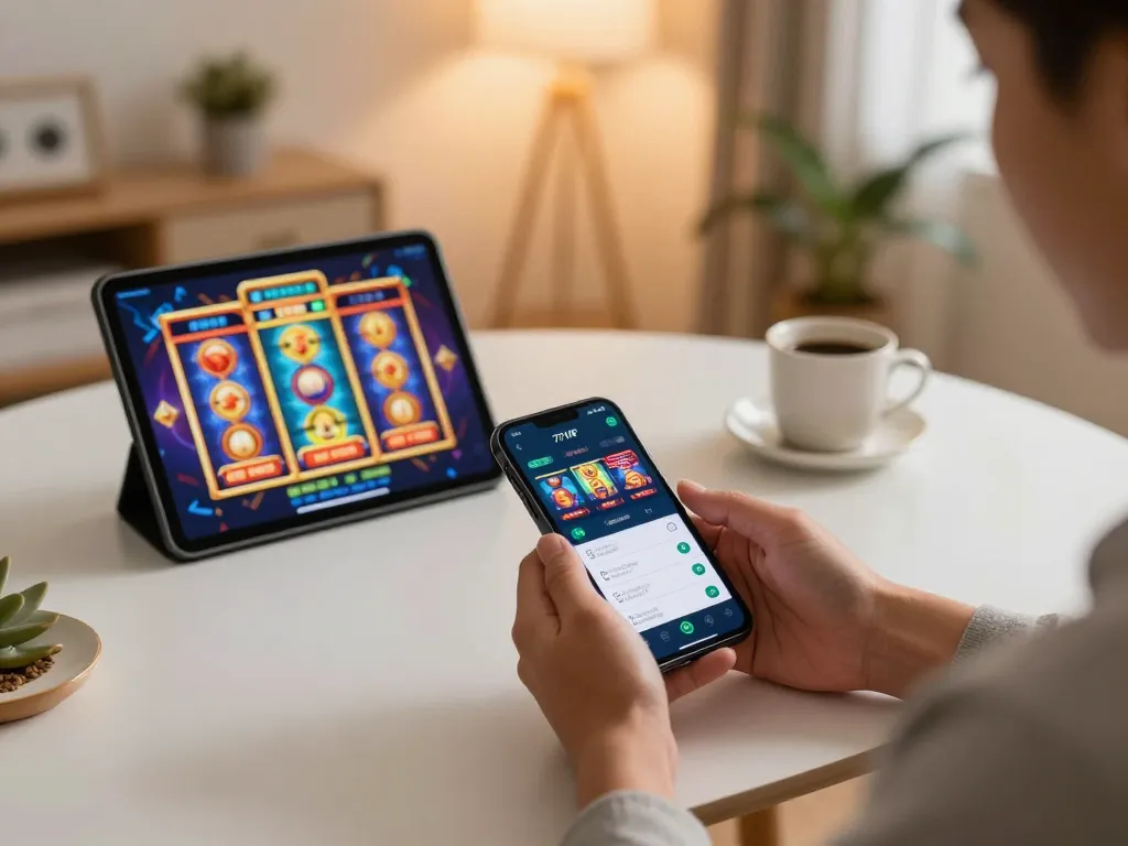 Player enjoys thrilling gameplay with the 777vip casino app in a cozy home setting