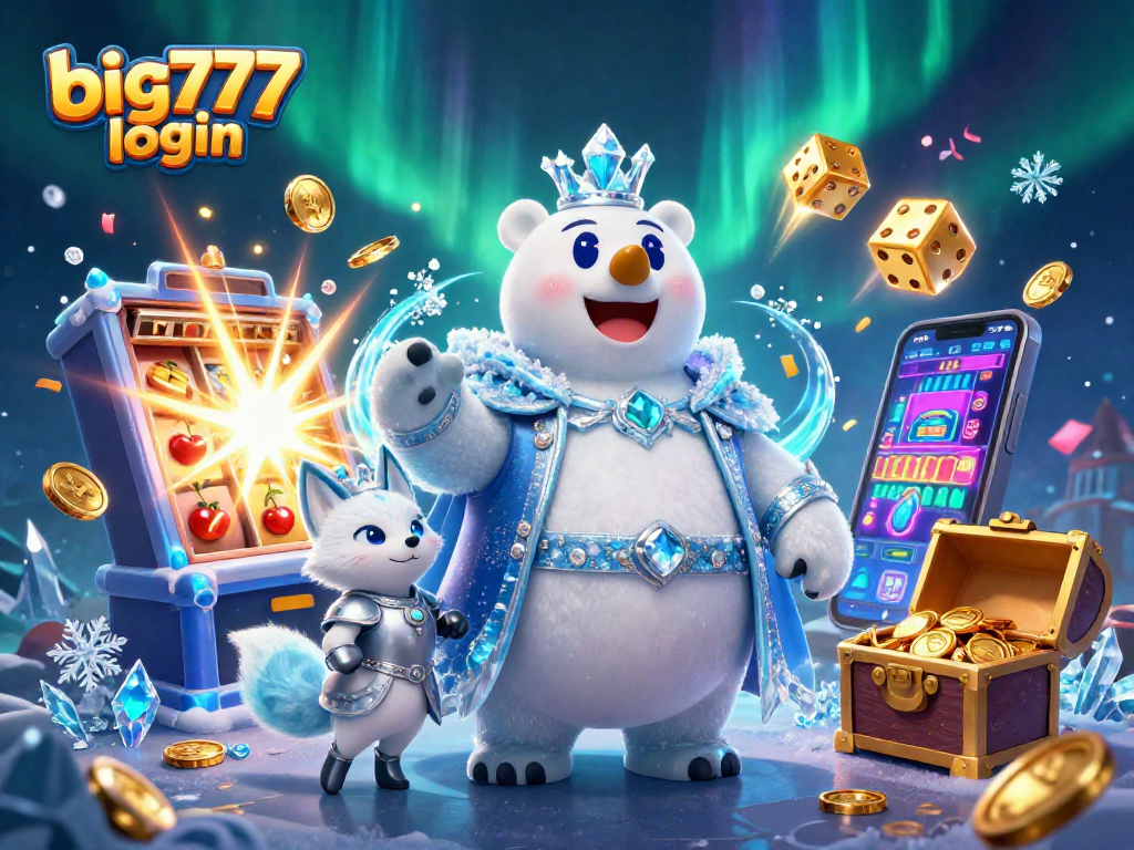 Join the excitement with big777 login featuring a polar bear and snow fox amidst slot machine jackpots and vibrant casino elements.