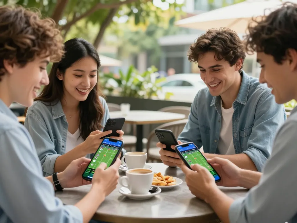 Teman-teman yang terlibat mendiskusikan strategi toto togel sambil menggunakan aplikasi taruhan olahraga di kafe luar ruangan