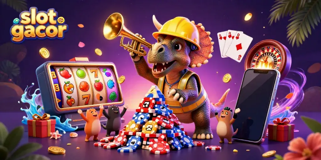 Experience thrilling slot gacor with a lively 3D scene of cartoon dinosaurs celebrating massive wins.