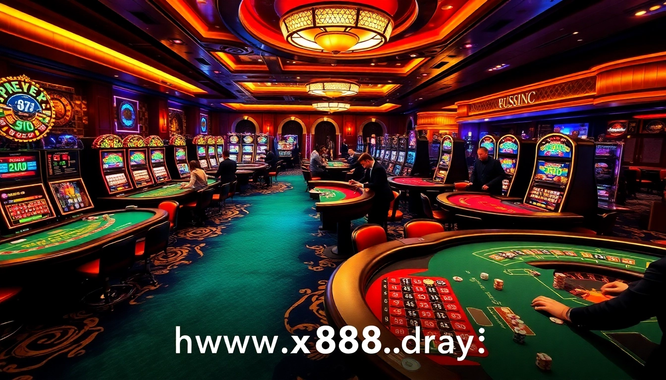 An exciting casino scene at https://xx88.day/ featuring players at poker tables and vibrant slot machines.