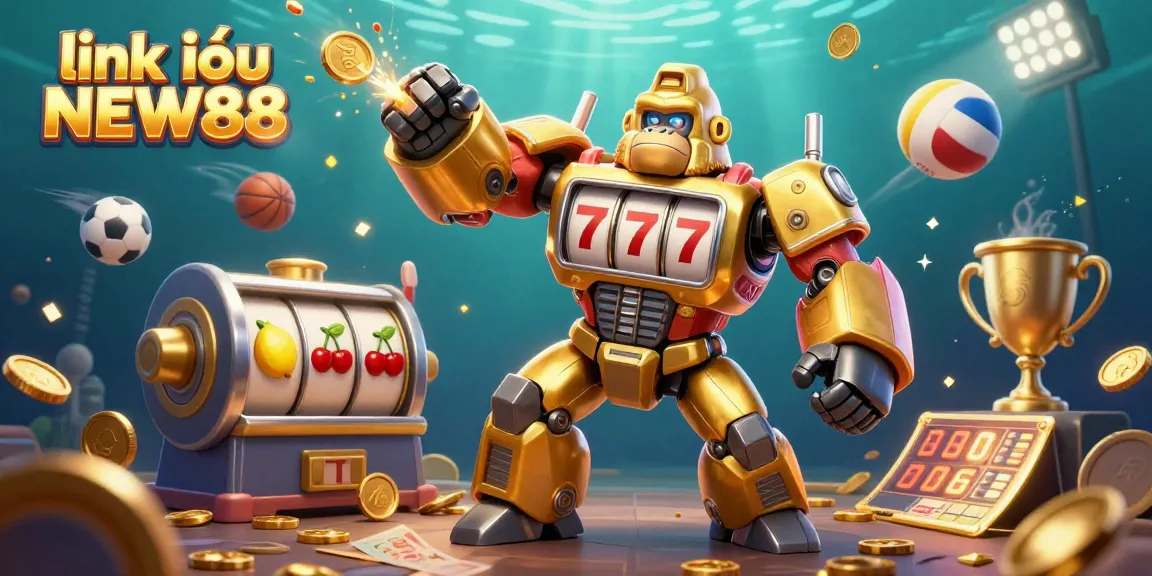 Experience the excitement at link vào NEW88 with vibrant casino and sports elements in a dynamic 3D illustration.