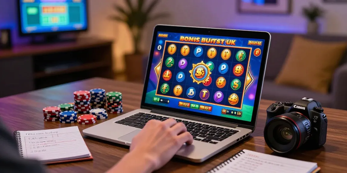 Exciting player experience with bonus buy slots uk on laptop, vibrant game graphics, and cozy gaming setup.