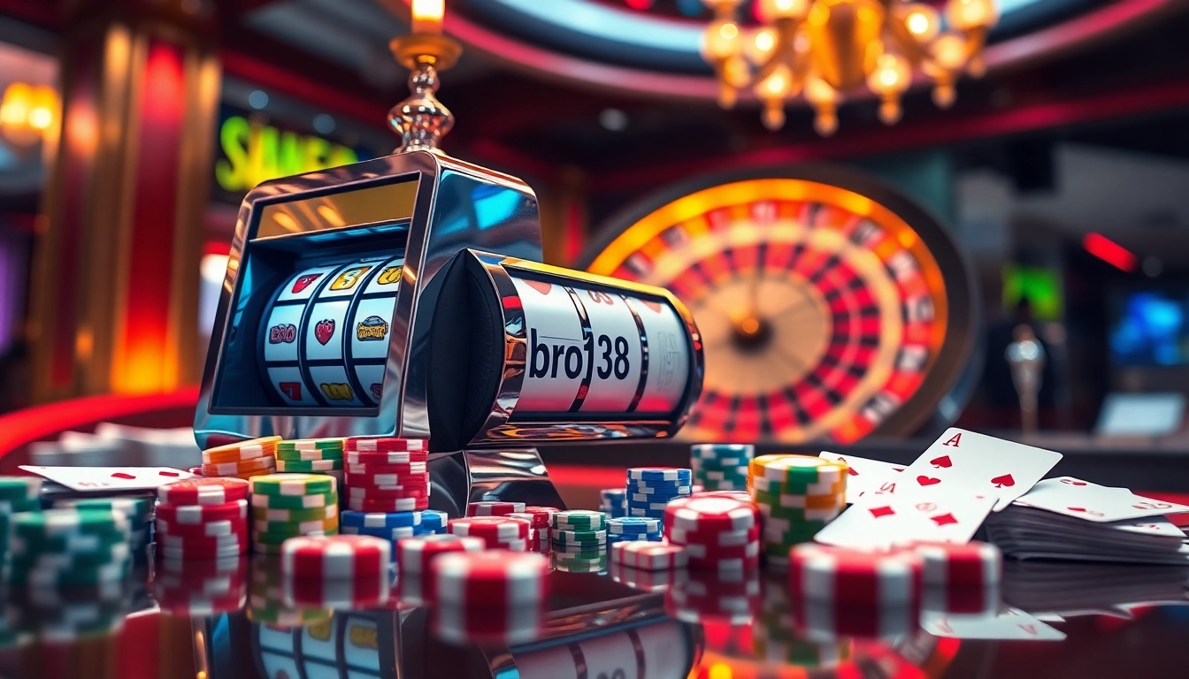 Win big at the bro138 slot in a luxurious casino scene filled with poker chips and vibrant gaming energy.