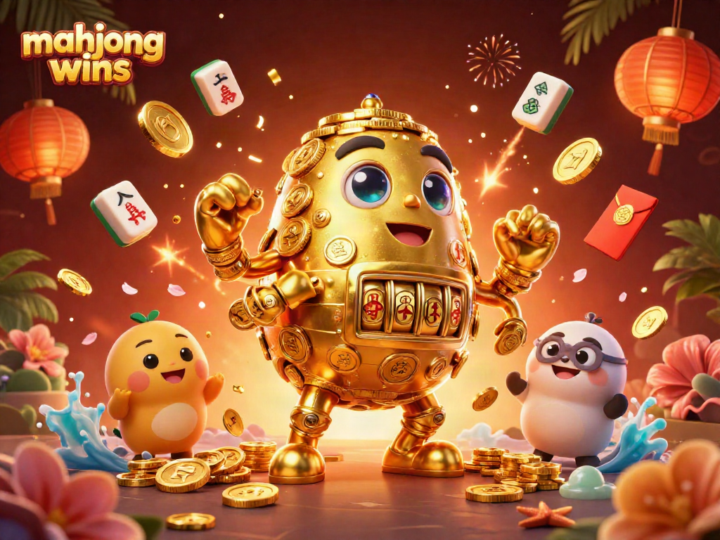 Experience mahjong wins with a vibrant 3D illustration of a golden golem surrounded by festive casino elements.