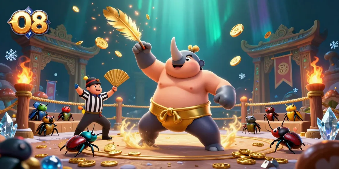 O8 showcases a dynamic casino scene with a beetle champion and vibrant gambling elements.