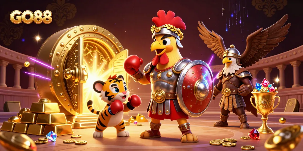 Experience the thrill of GO88 with an exciting illustration showcasing a gladiator rooster, treasure vaults, and dynamic energy in a casino atmosphere.