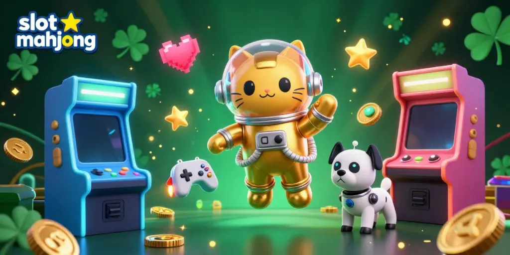 Engage with slot mahjong in a vibrant 3D game scene featuring a space cat astronaut.