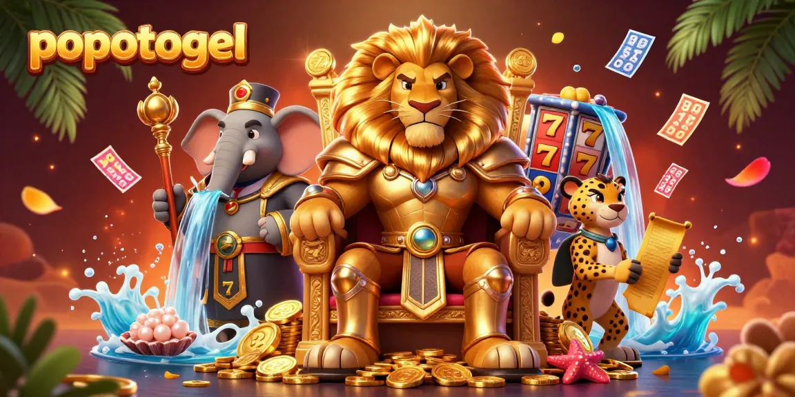 Engage with popotogel as the lion king oversees a vibrant casino scene with slot reels and decorations.