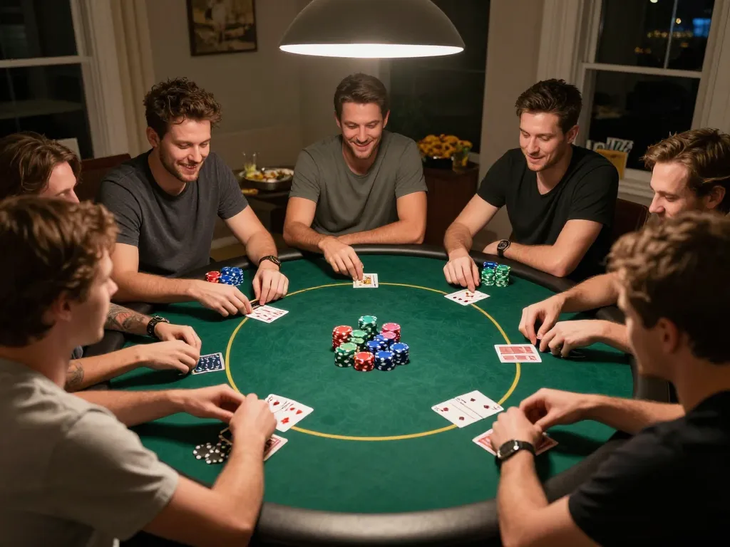 Poker night at home with friends enjoying the Leci123 site at a round table, colorful chips and cards visible in a cozy setting