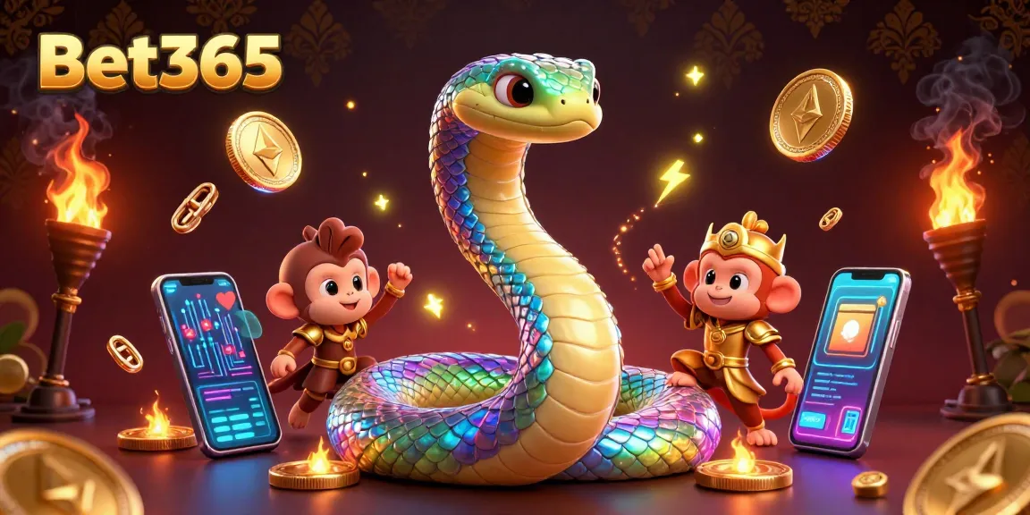 Bet365 players enjoy a high-energy gaming atmosphere with a magical serpent and vibrant cryptocurrency elements.