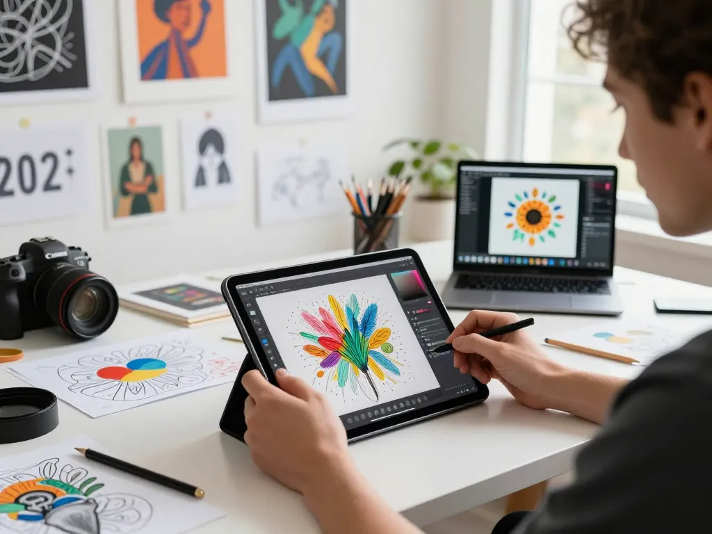 Digital artist using nano banana 2 AI image editor in a vibrant studio filled with inspiration.
