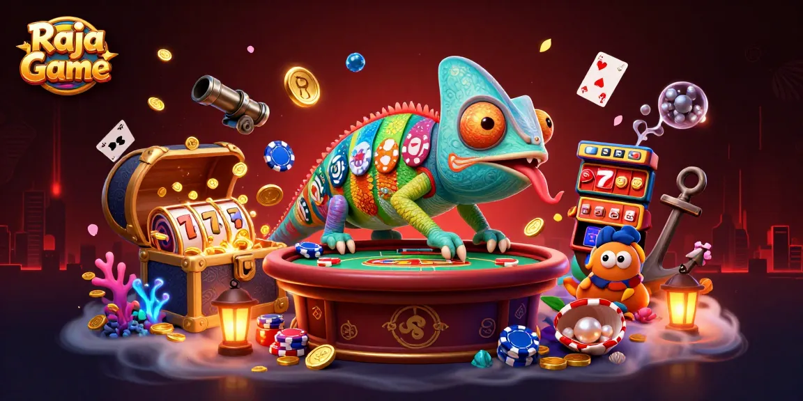 Experience thrilling gameplay with Raja Game featuring a vibrant chameleon casino owner amidst dynamic game elements.