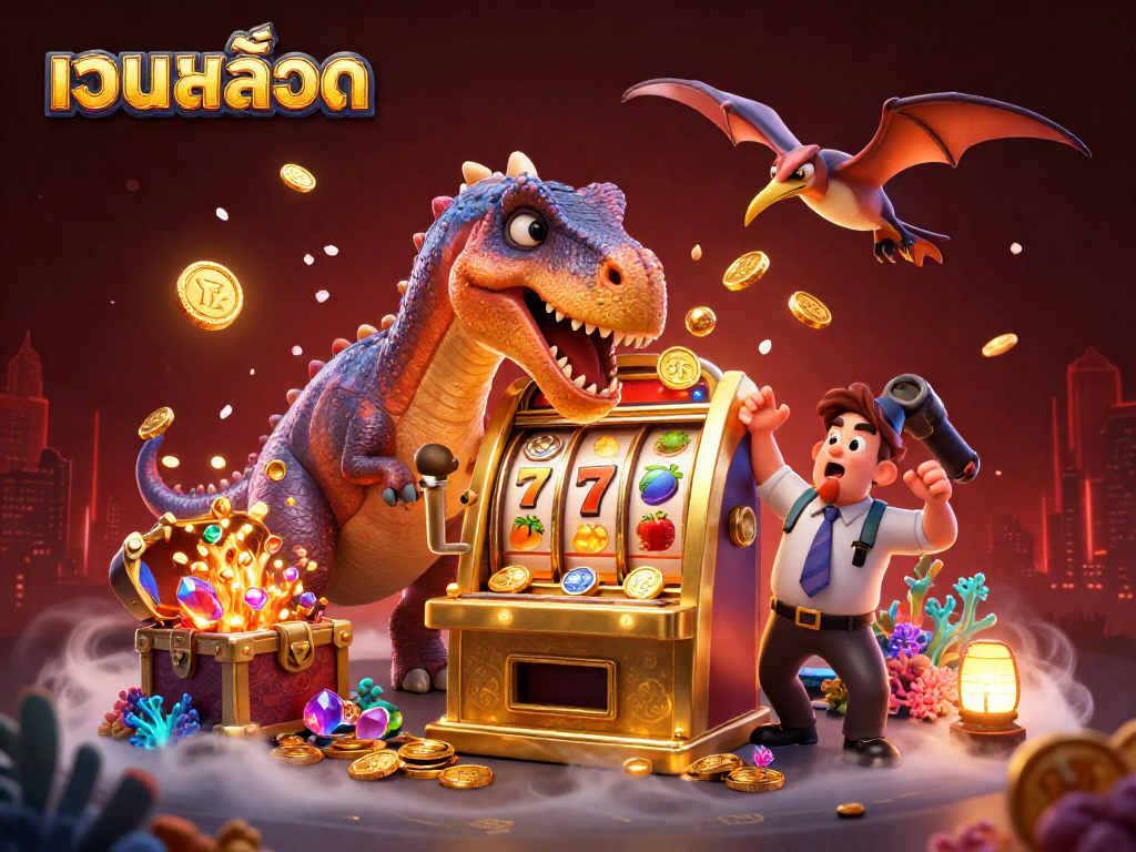 Engage with เว็บสล็อต through thrilling jackpot scenarios featuring a dynamic dinosaur scene.