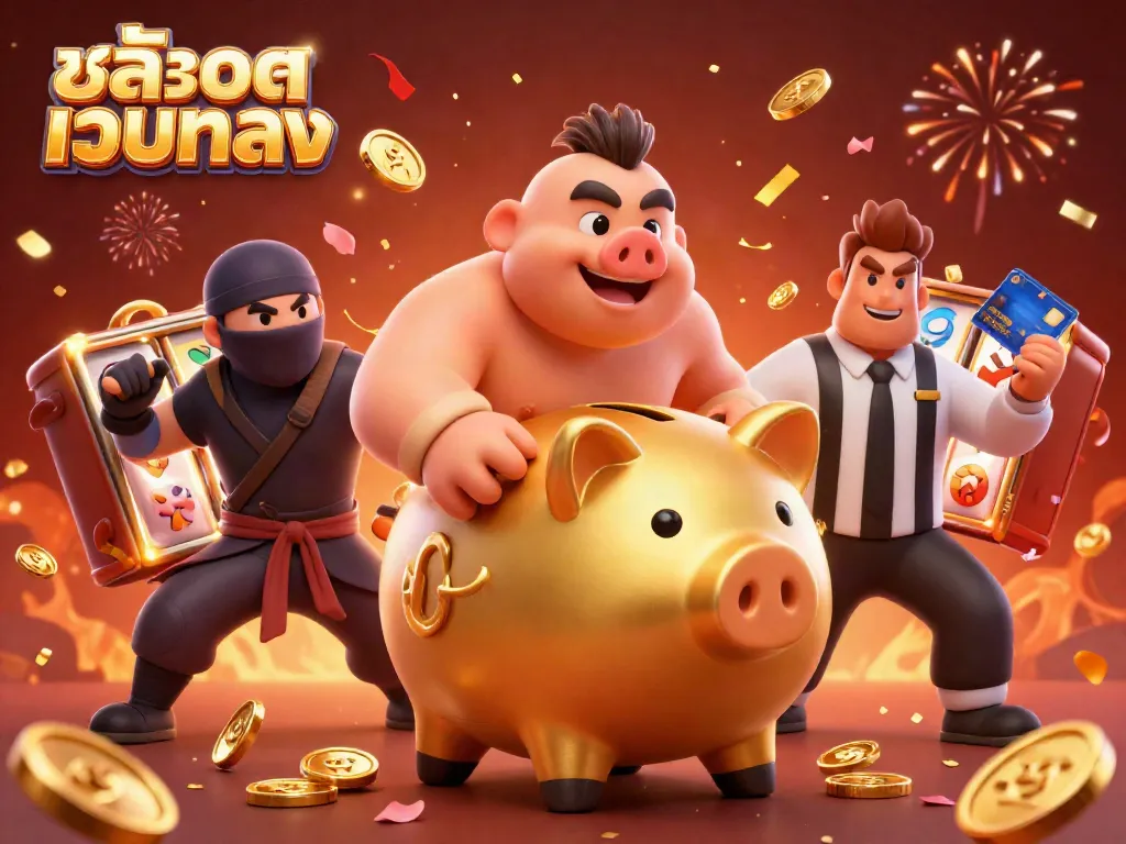 Experience the excitement of สล็อตเว็บตรง with a lively illustrated scene featuring a golden piggy bank sumo wrestler, a wallet ninja, and a credit-card samurai amid slot reels and fireworks.