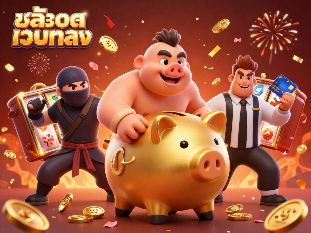 Experience the excitement of สล็อตเว็บตรง with a lively illustrated scene featuring a golden piggy bank sumo wrestler, a wallet ninja, and a credit-card samurai amid slot reels and fireworks.