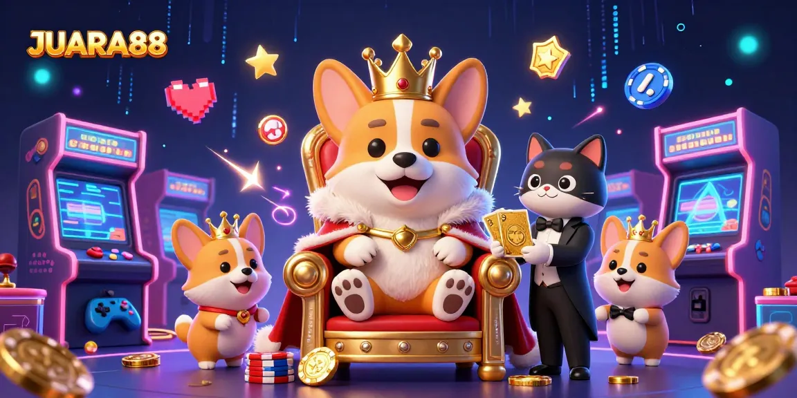 JUARA88 brings luck with a royal corgi atop a poker chip throne amidst vibrant gaming elements.