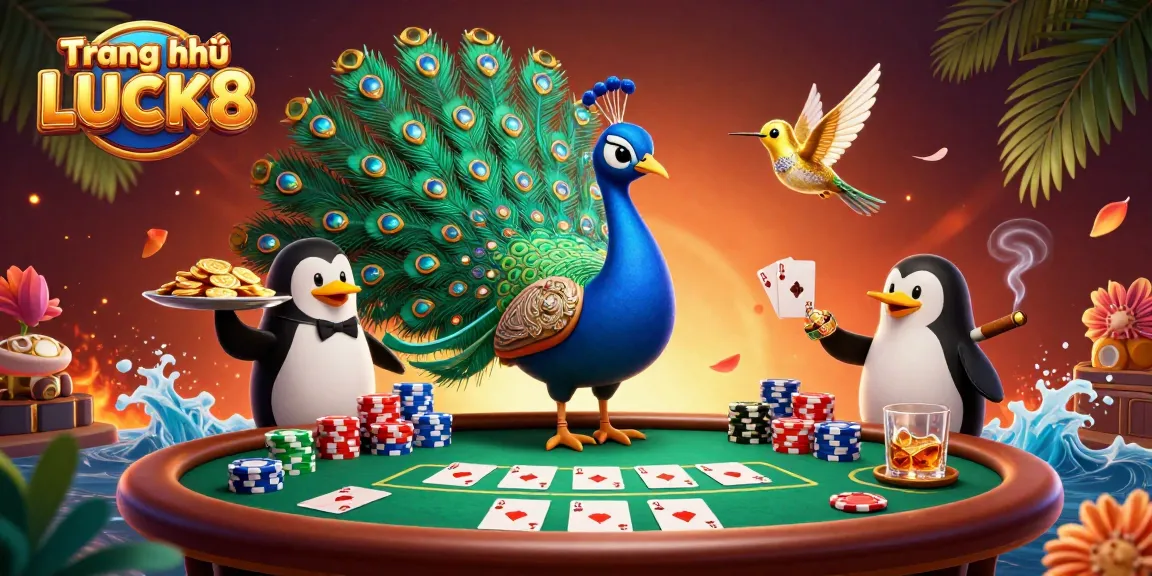 Engage in thrilling gaming at Trang chủ LUCK8 with vibrant characters and dazzling casino elements in a dynamic 3D scene.