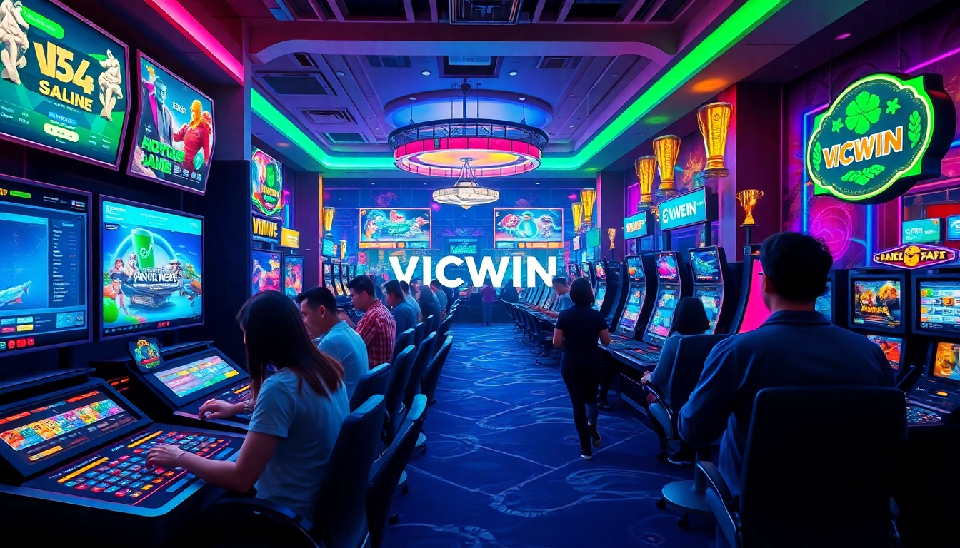 VICWIN online gaming experience with players engaged in exciting sports betting, casino games, showcasing a vibrant and energetic atmosphere.