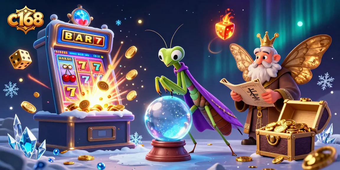 Win big at c168 with a vibrant illustration of fortune teller characters and jackpot slots.