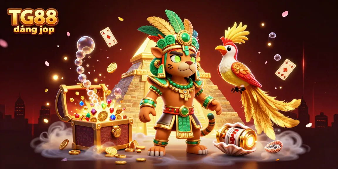 Experience the excitement of TG88 đăng nhập with a vibrant casino-themed illustration featuring golden treasures and slot reels.