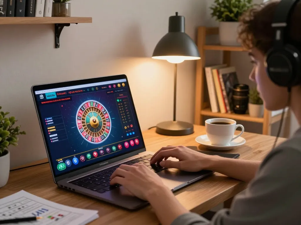 Giới thiệu Luck8 gaming highlights with roulette action on a laptop in a cozy workspace