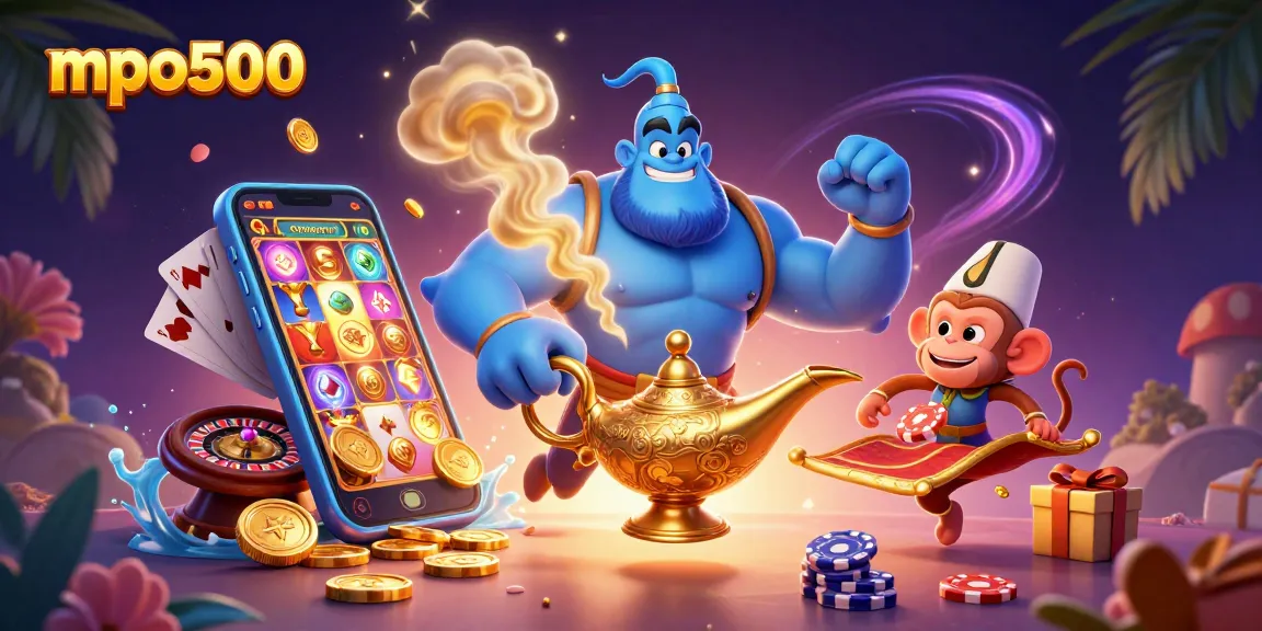 Play exciting games with mpo500, showcasing a genie and monkey in a vibrant casino scene.