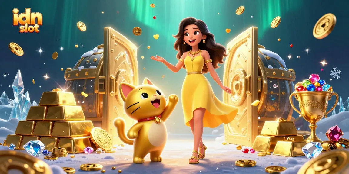 Experience the excitement of idn slot with colorful gems and lucky symbols in a dynamic casino scene.