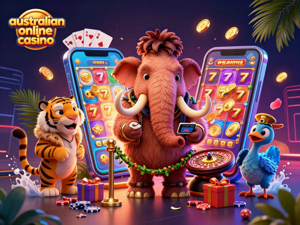 A 3D scene featuring a woolly mammoth bouncer at an australian online casino with vibrant slot games and casino elements.