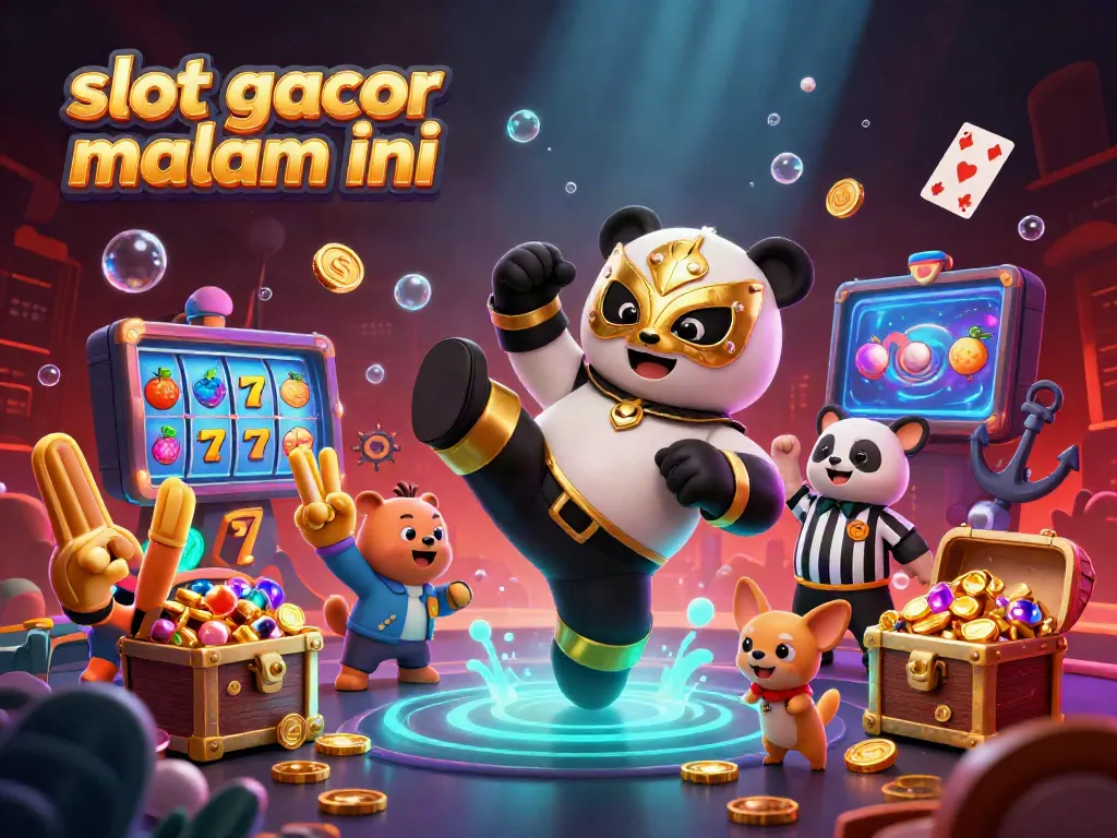 Gambarlah slot gacor malam ini dengan panda pegulat melompat di kasino yang ramai dan berwarna-warni.