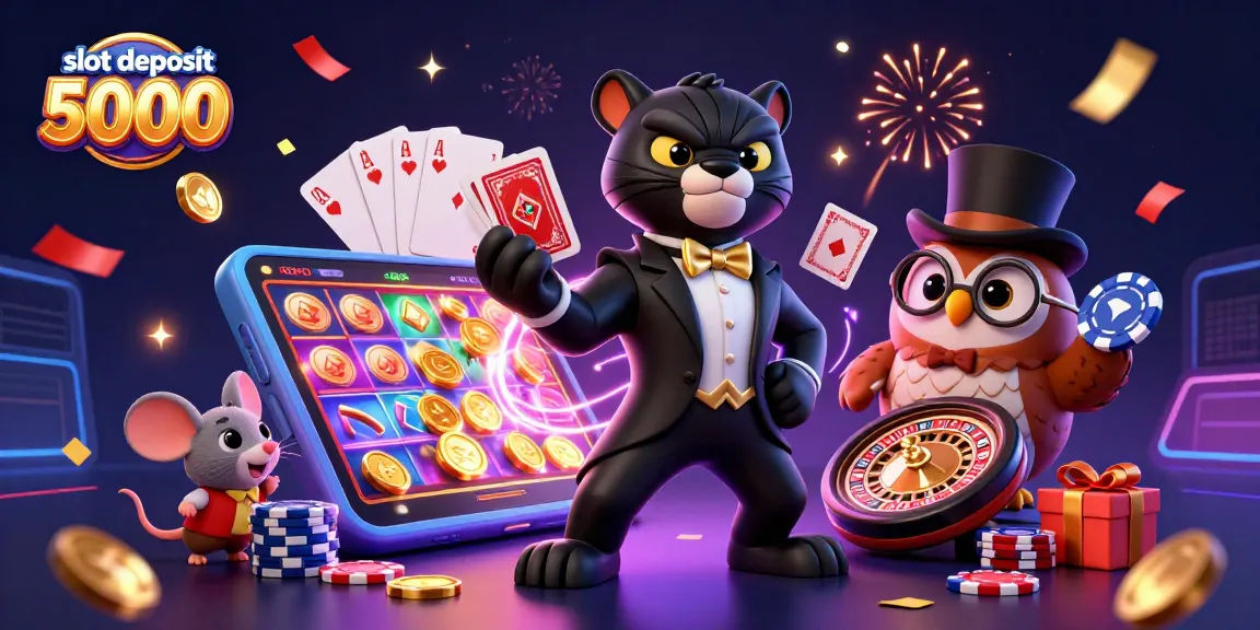 Experience the excitement of slot deposit 5000 with 3D characters and vibrant gaming elements in a lively scene.