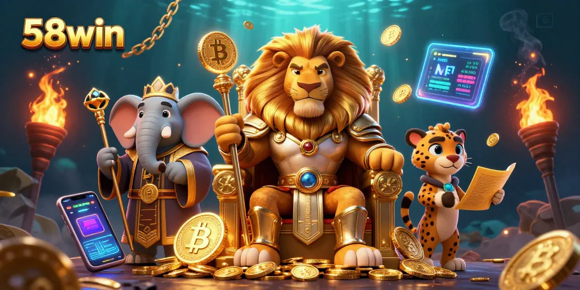 Engage in exciting gaming adventures with 58win featuring a lion king, elephant advisor, and cheetah messenger.