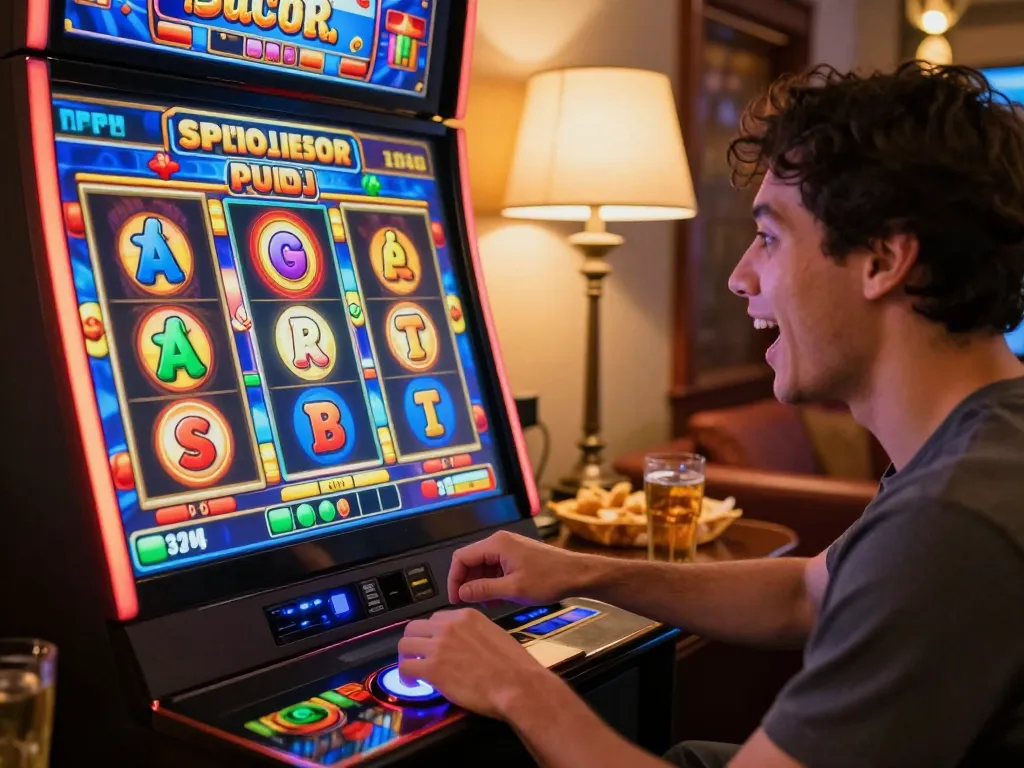 Player enjoying an exhilarating slot gacor game on a tablet in a cozy home setting, with exciting visuals and ambient lighting.