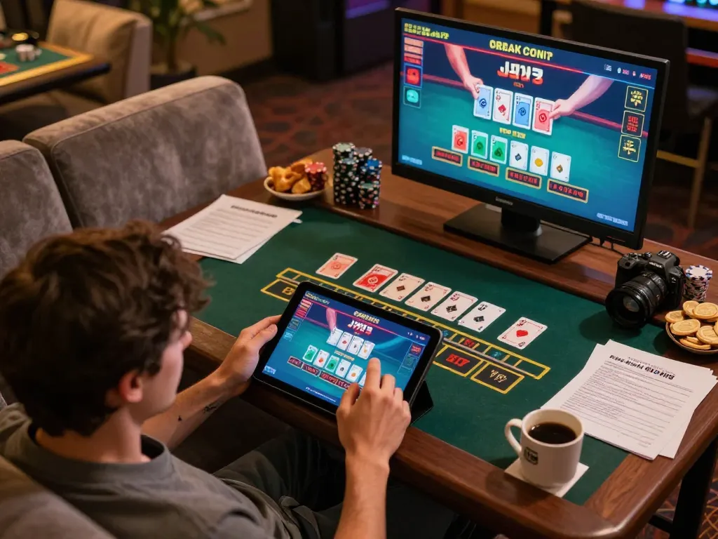 Engaged player enjoying live blackjack on 3win com from a cozy home setting with strategy notes.