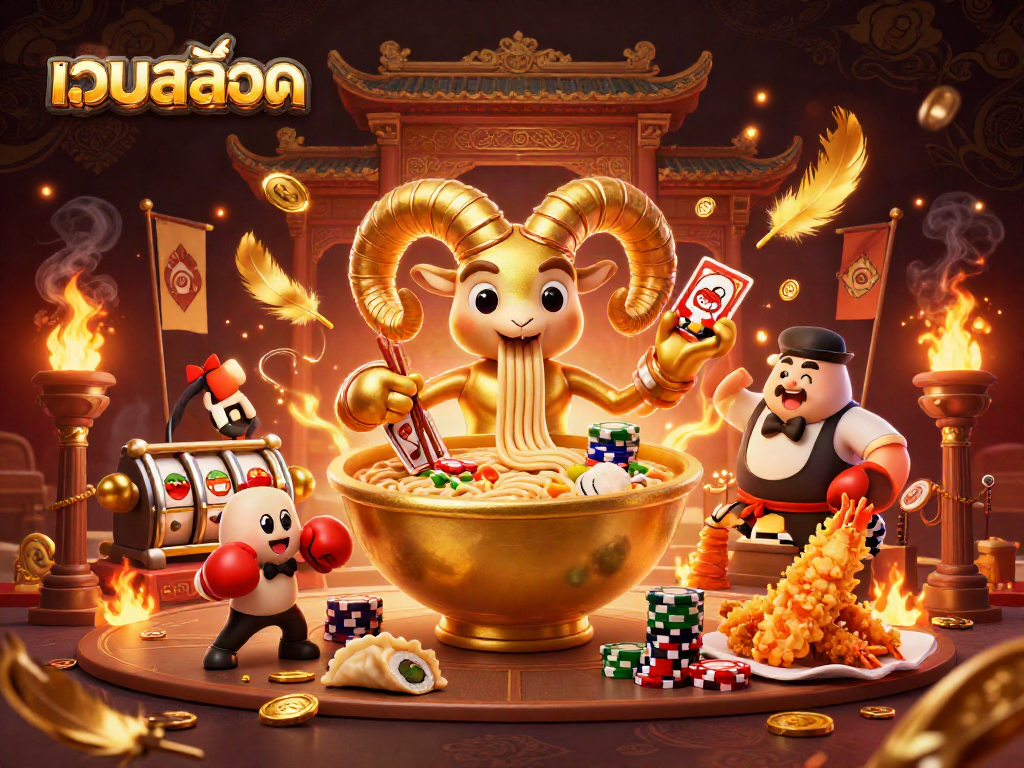 Play เว็บสล็อต with a vibrant scene featuring colorful characters and slot machines.