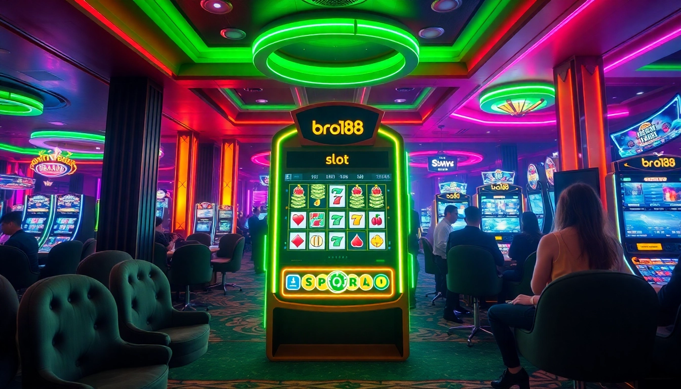 Players enjoying the bro138 slot machine experience in a vibrant casino setting.