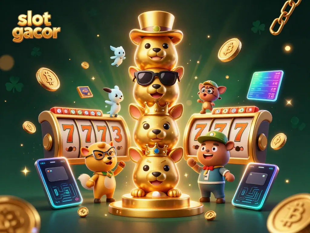 Experience slot gacor excitement with a lively casino illustration featuring a golden totem, coins, and game elements.