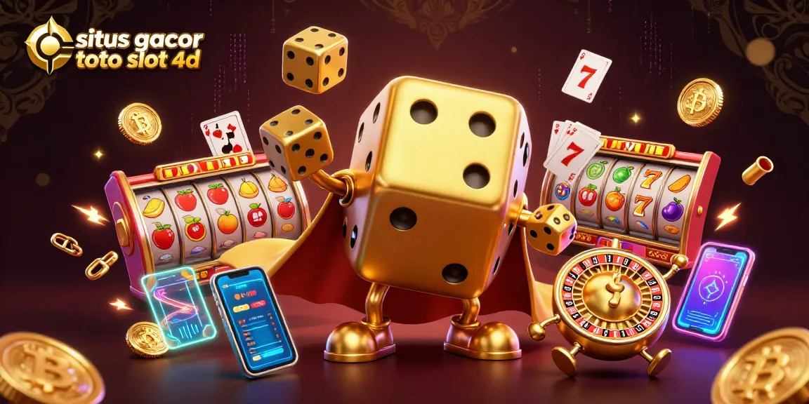 Engage with situs gacor toto slot 4d through vibrant casino-themed 3D illustration featuring golden dice, slot reels, and crypto elements.