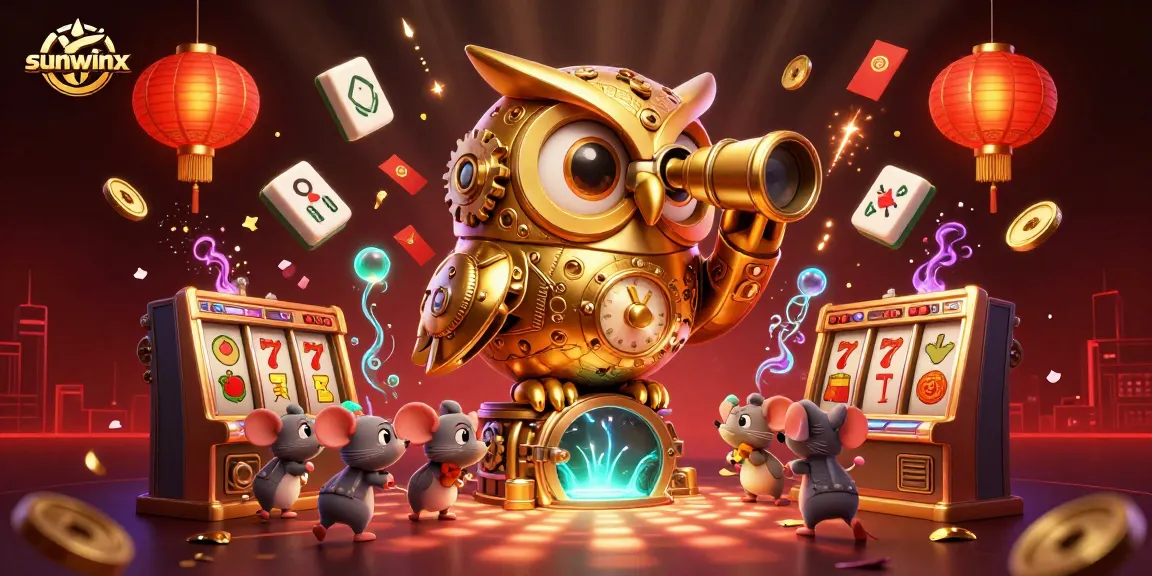Join sunwinx in an exciting casino atmosphere with a golden owl and vibrant gaming elements