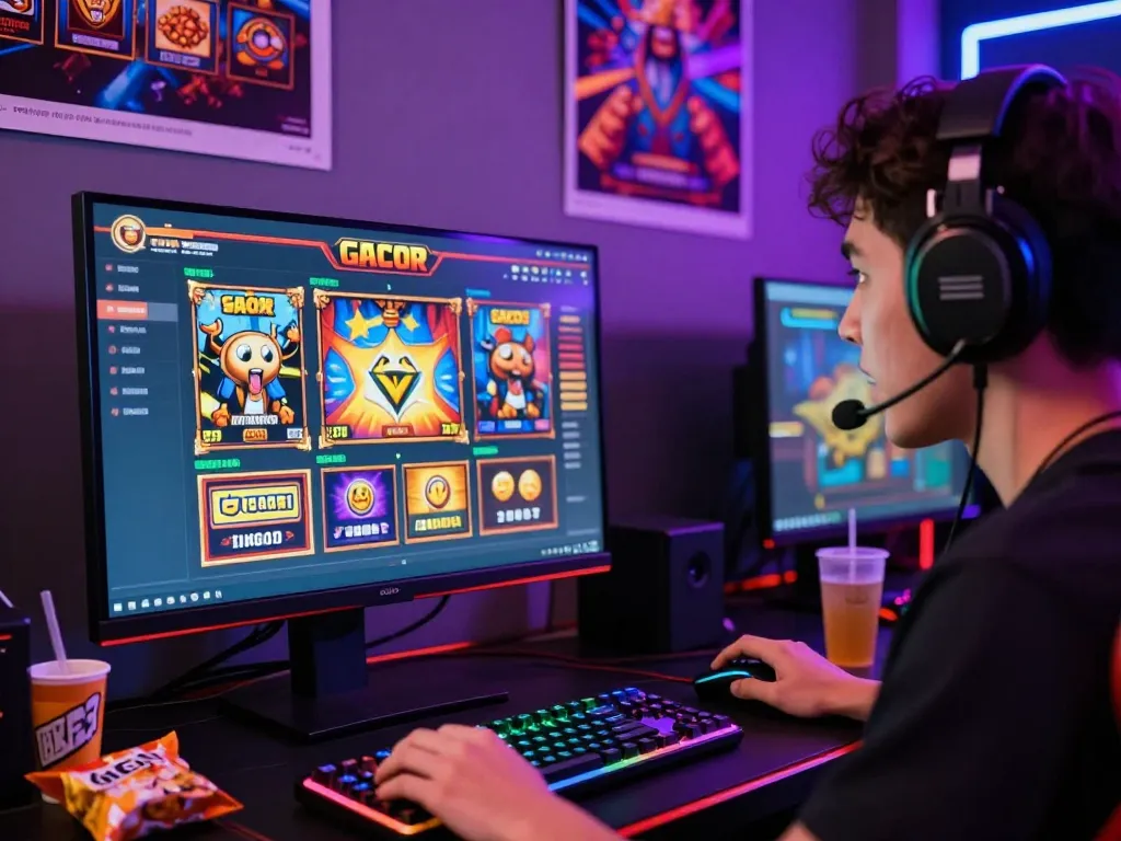 Player enjoying slot gacor games on a vibrant gaming setup with colorful LED lights.