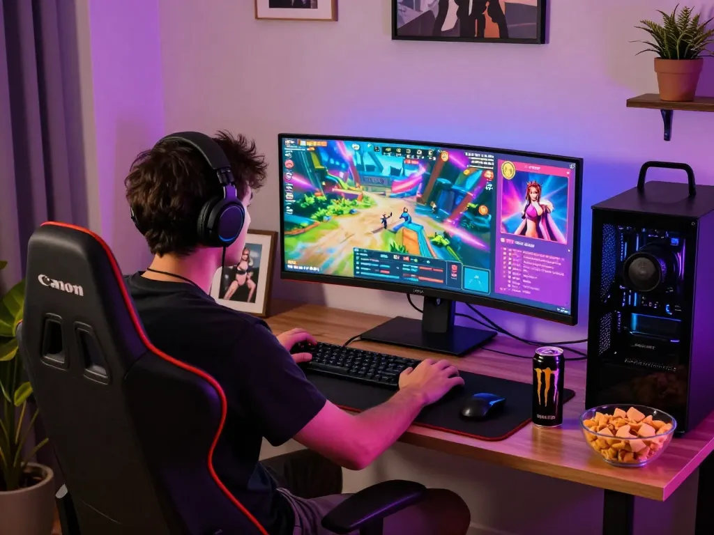 Engaging player immersed in a porngame on a dual-monitor setup with vibrant graphics.