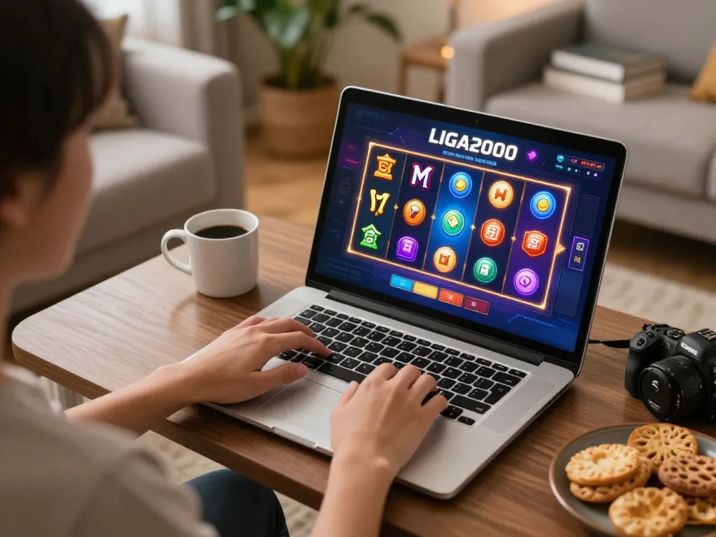 LIGA2000 online gaming setup with vibrant slot game interface in a cozy home environment.