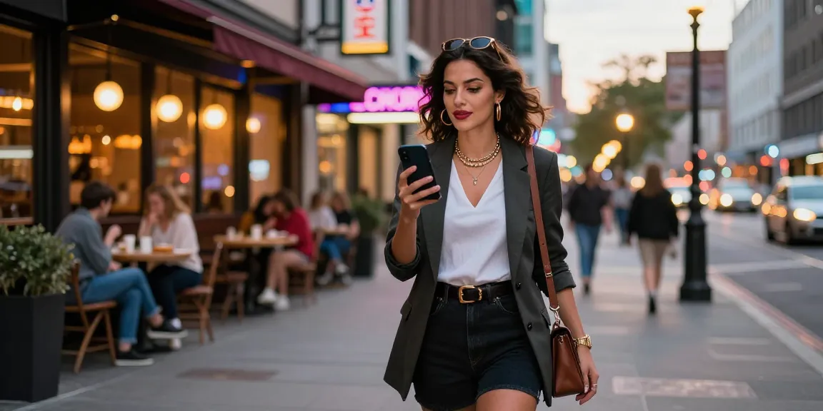 Gái gọi đi dạo trên phố với trang phục thời trang và điện thoại ở tay