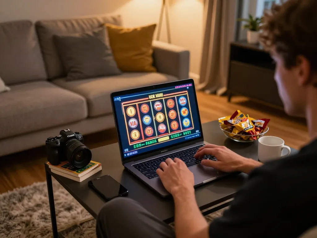 Player engaging in slots on FAFA828 website at home, showcasing online gaming experience