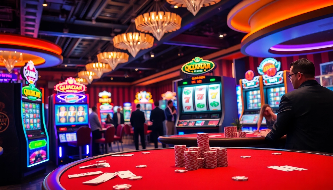 Experience the thrill of qqmacan slot with vibrant machines and eager players celebrating wins.