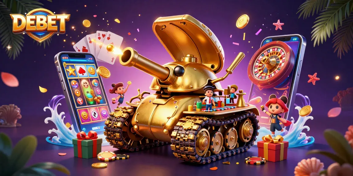 Experience DEBET's thrilling casino scene with a golden beetle tank and casino elements