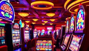 Slot Game yang mengasyikkan dengan mesin slot yang berwarna-warni dan pemain yang merayakan kemenangan.