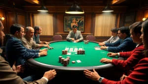 Engaging poker game table with players deep in strategy, showcasing vibrant atmosphere.